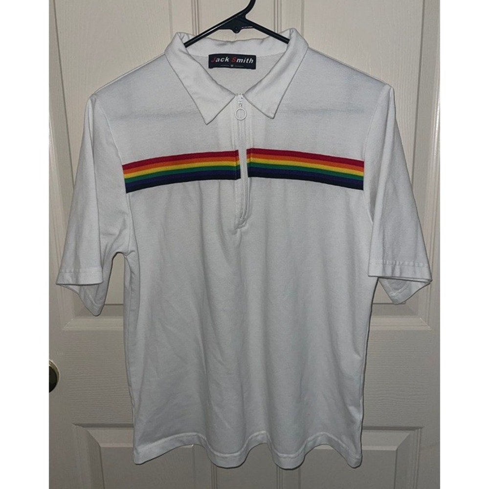 Jack Smith Men's White Short Sleeve Polo Zipper Pull Pullover Rainbow Stripe MED